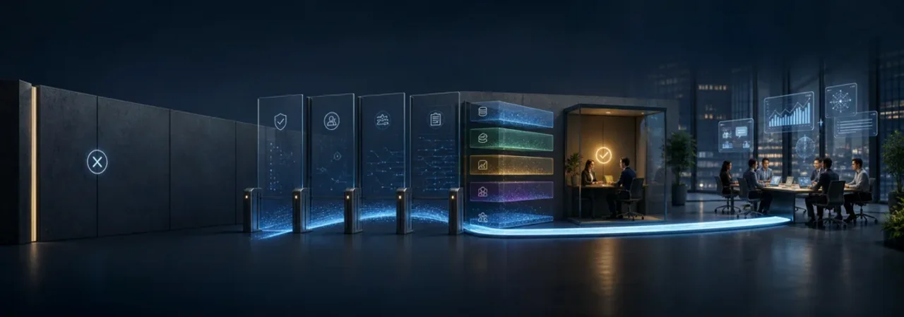 Governance gates lead from restricted AI access to controlled enterprise-wide use.