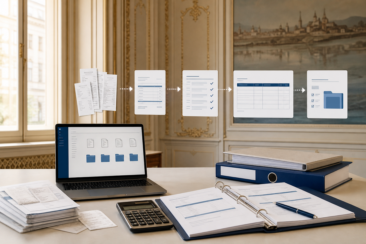 A diagram of an AI-powered accounting process that does not feature any people, using anonymized documents and structured data.