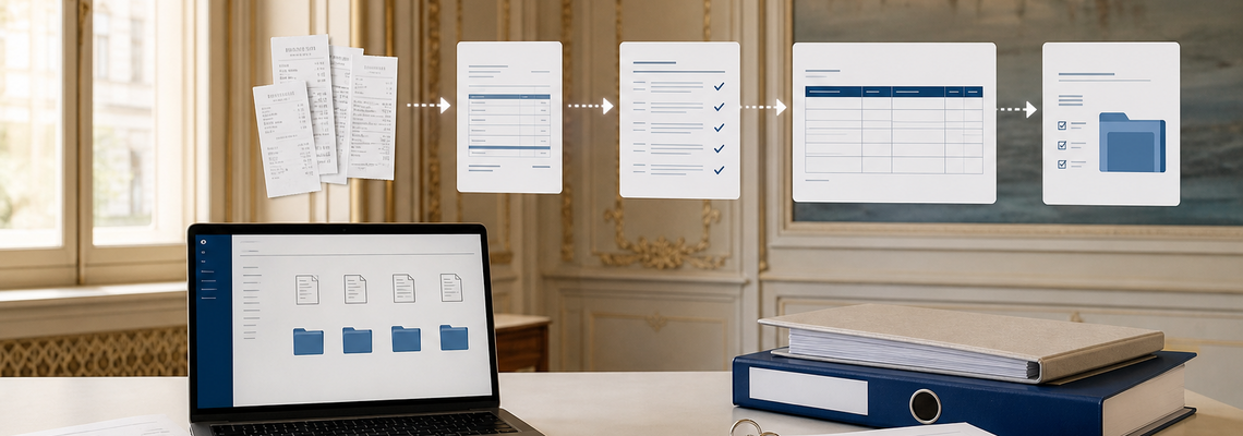A diagram of an AI-powered accounting process that does not feature any people, using anonymized documents and structured data.