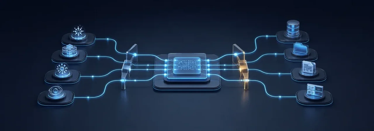 Networked AI agents access data, documents, and applications through controlled interfaces.