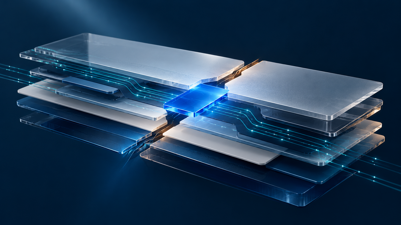 Abstrakte digitale Schichten mit einer Unterbrechung, die durch ein leuchtend blaues Element überbrückt wird.