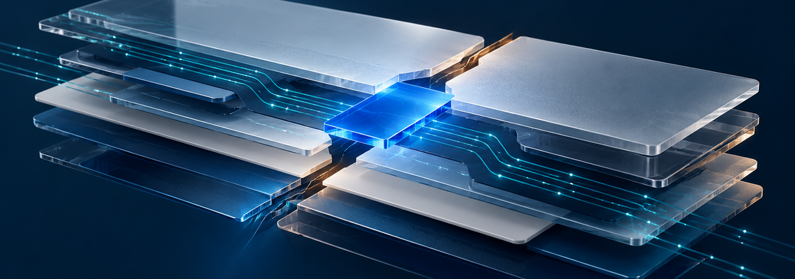 Abstrakte digitale Schichten mit einer Unterbrechung, die durch ein leuchtend blaues Element überbrückt wird.