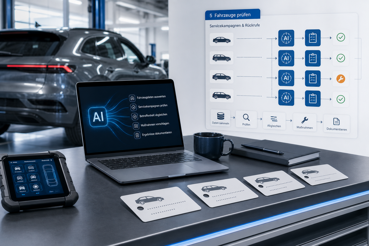 A computer-generated illustration of an AI-powered inspection process for service campaigns and recalls in the automotive industry.
