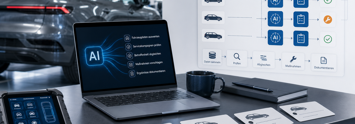 A computer-generated illustration of an AI-powered inspection process for service campaigns and recalls in the automotive industry.