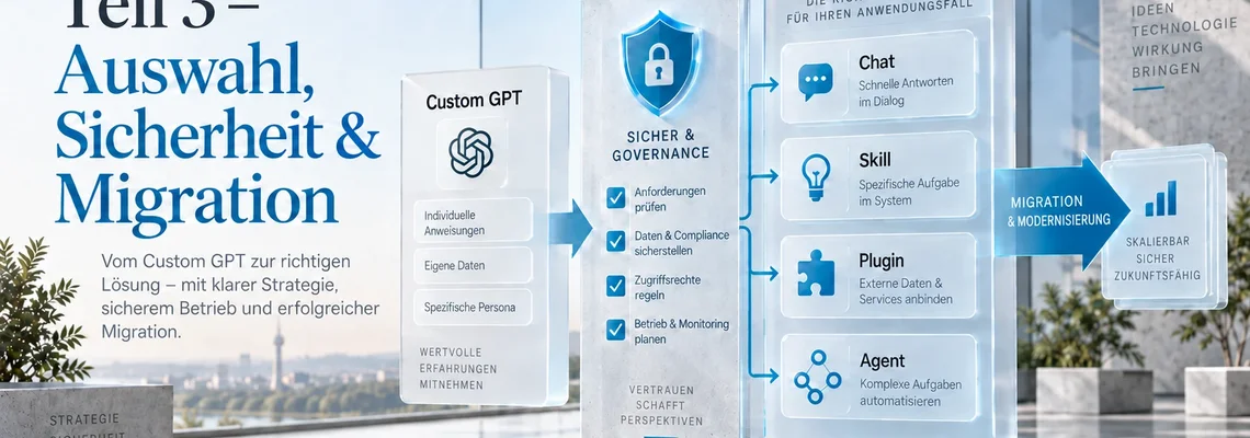 Auswahl-, Sicherheits- und Migrationspfad von Custom GPT zu Skill, Plugin oder Agent mit KI-Kennzeichnung.