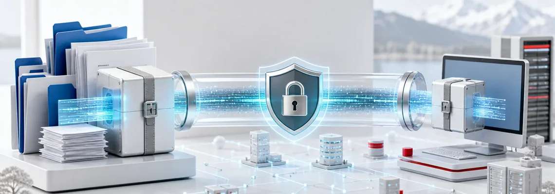 Large files are transmitted as a protected archive through an encrypted data tunnel