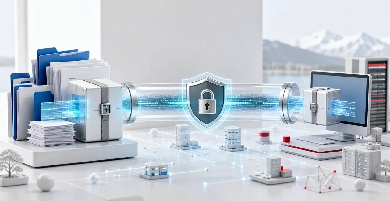 Large files are transmitted as a protected archive through an encrypted data tunnel