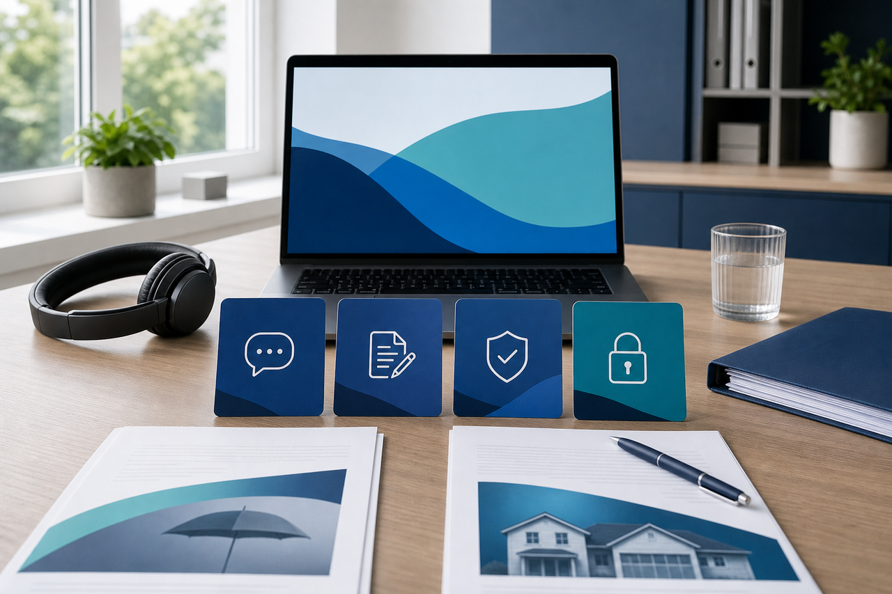 A visual representation of a four-part AI webinar series featuring anonymized insurance documents and a headset, with no people shown.