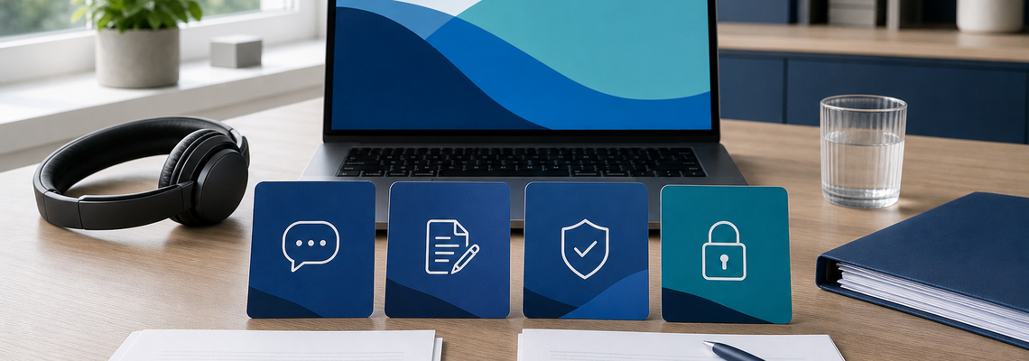 A visual representation of a four-part AI webinar series featuring anonymized insurance documents and a headset, with no people shown.