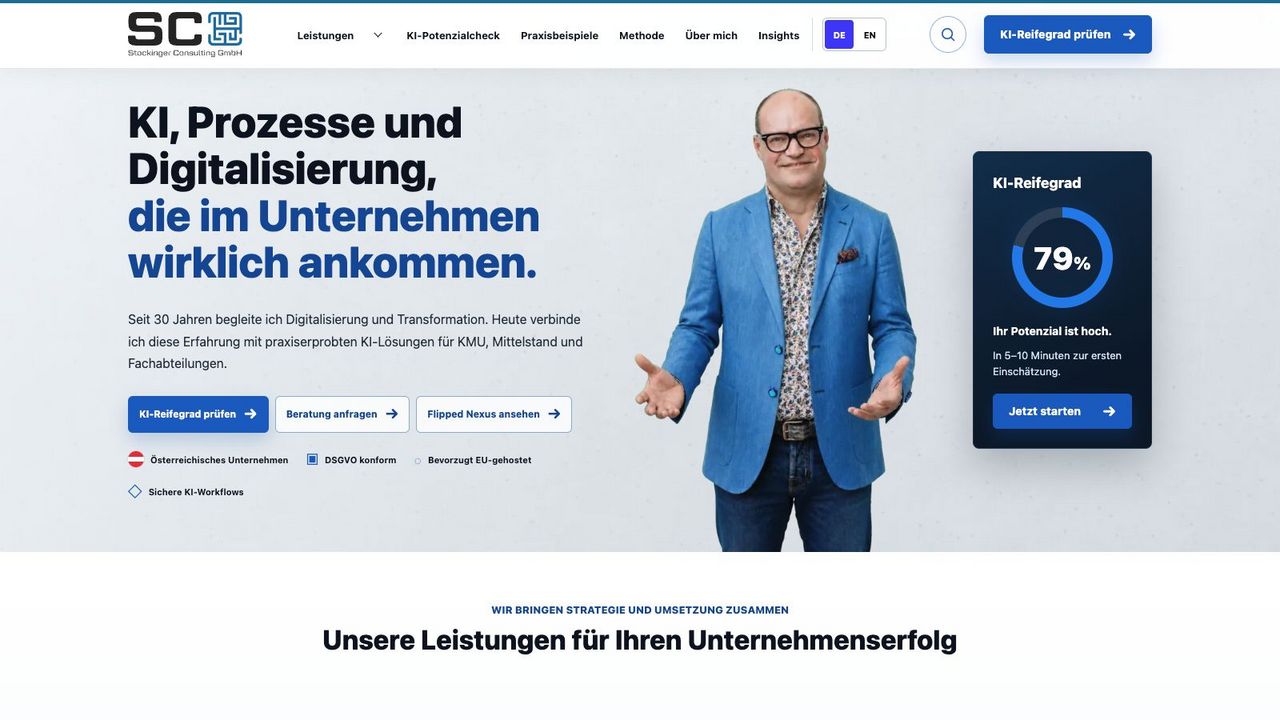 The current homepage of StocKinger Consulting GmbH, featuring new navigation, positioning, and an AI maturity indicator.