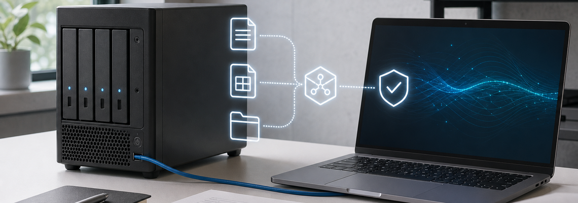 A human-free representation of a local AI infrastructure with its own hardware, document workflow, and security checks.