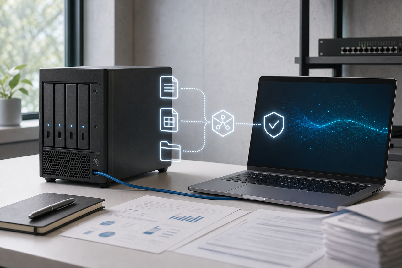A human-free representation of a local AI infrastructure with its own hardware, document workflow, and security checks.