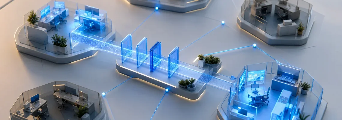 Several departments with varying levels of digitalization are connected through a central AI enablement pathway