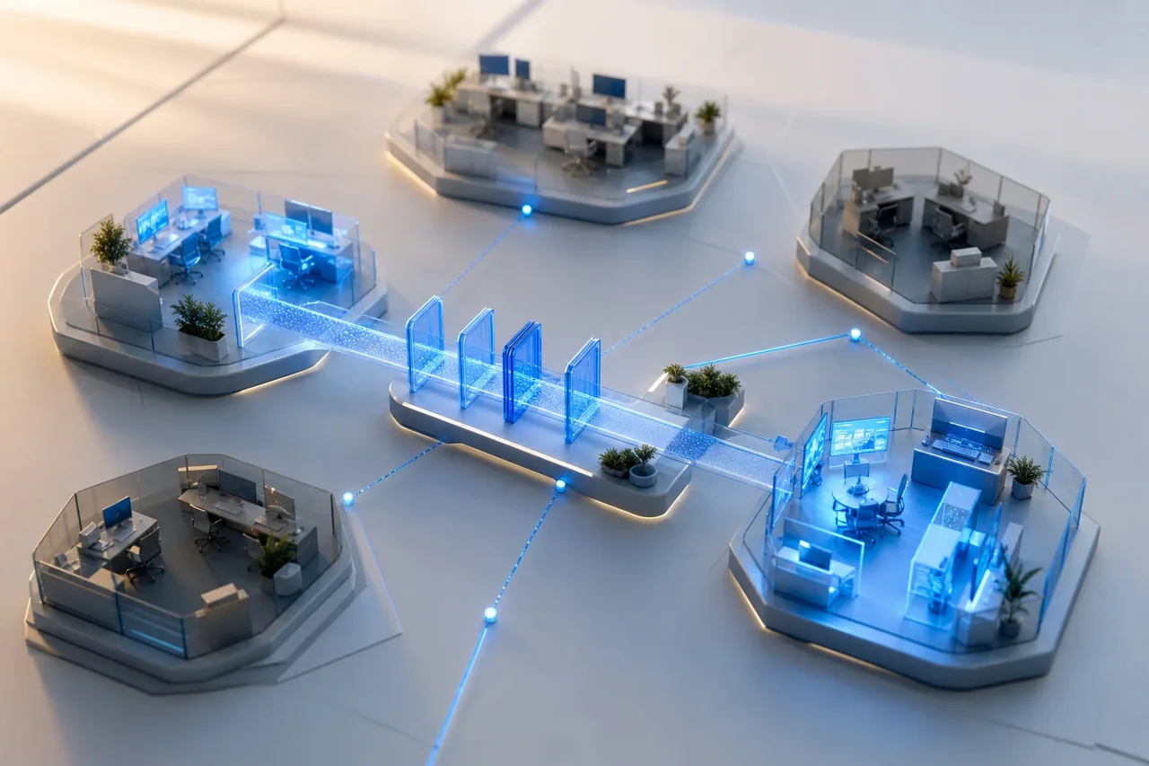 Several departments with varying levels of digitalization are connected through a central AI enablement pathway