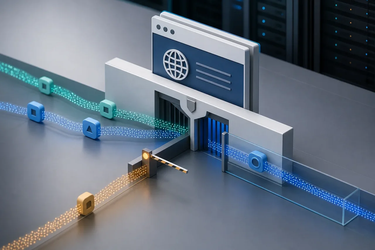 Abstract data streams are selectively allowed or blocked at a website gateway