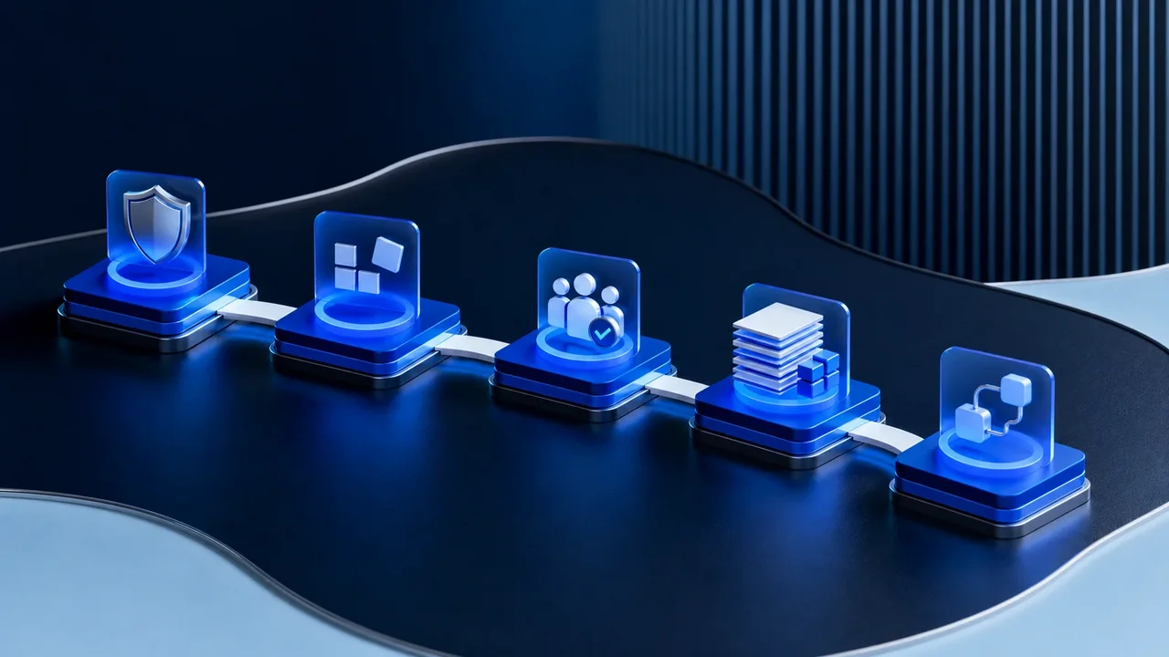 Five interconnected AI modules symbolize ChatGPT onboarding, knowledge management, and standardized processes within the company.