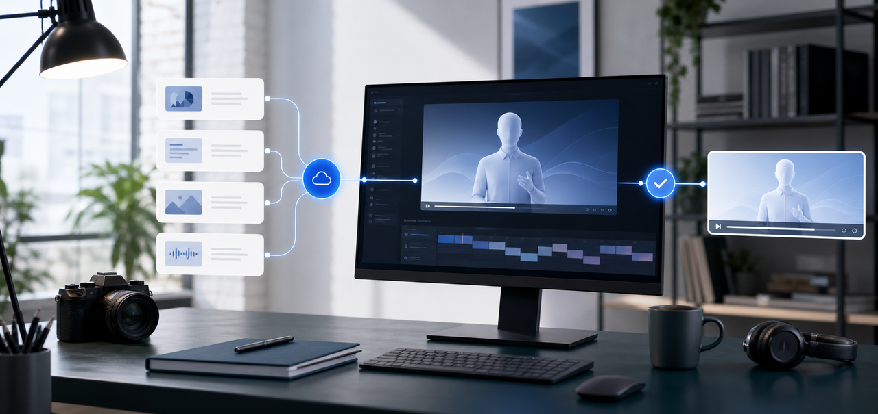 AI video workflow with structured content, API integration, and a digital presenter on a studio monitor.