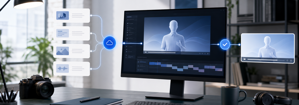 AI video workflow with structured content, API integration, and a digital presenter on a studio monitor.