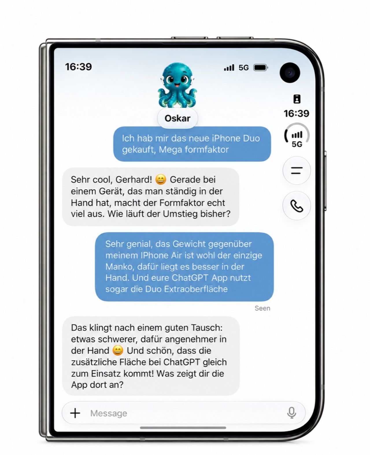 iPhone Duo mit einem Chat mit KI-Assistent Oskar über Formfaktor, Gewicht und die zusätzliche Bildschirmfläche.