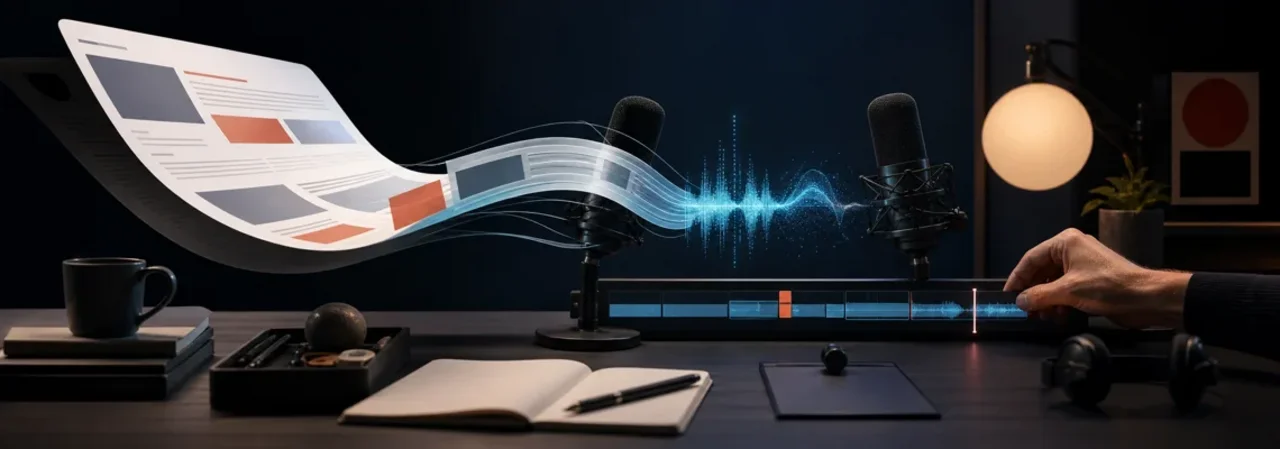 A web article is translated into a conversational AI podcast under editorial supervision.