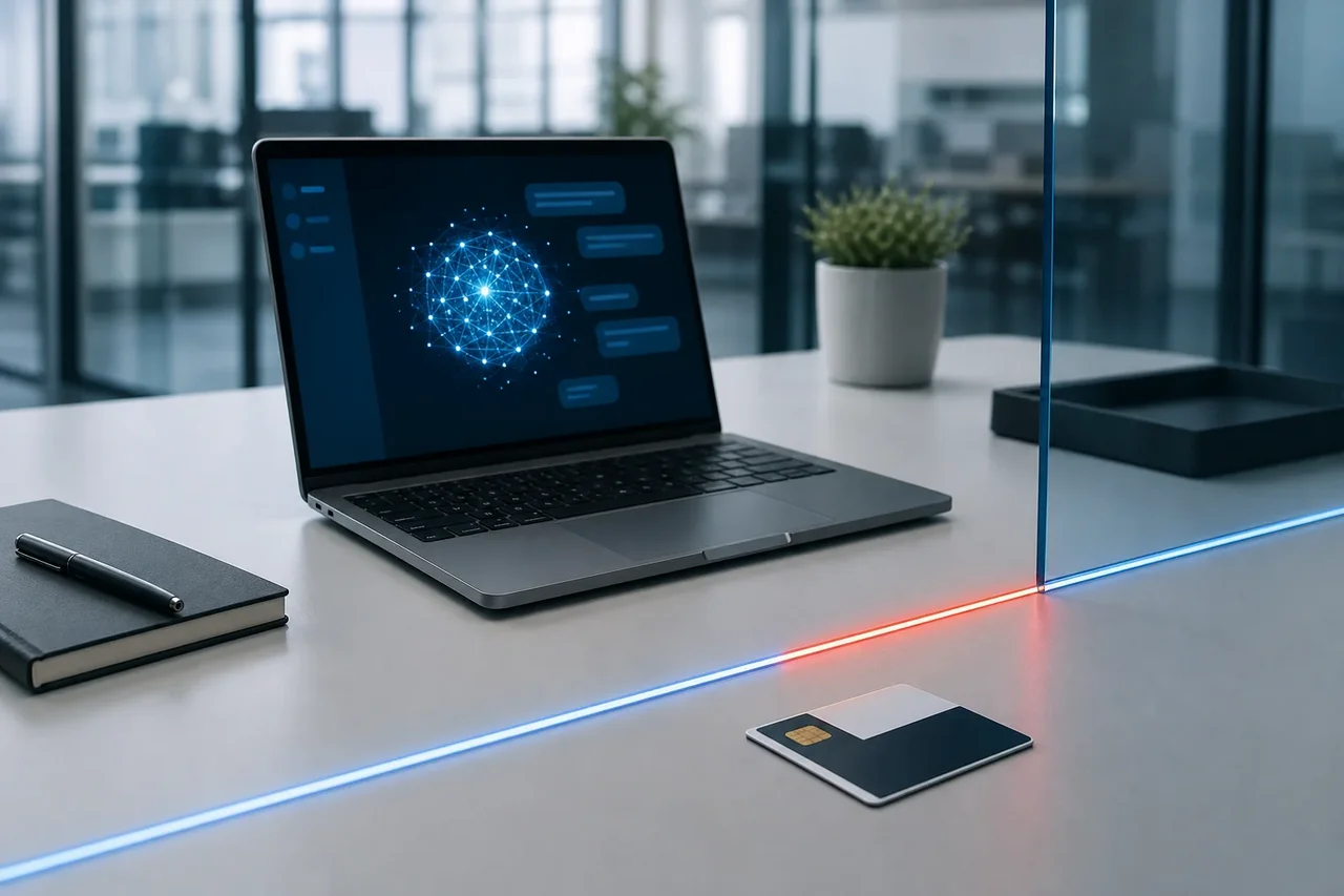 Laptop with an abstract AI interface behind a marked security boundary
