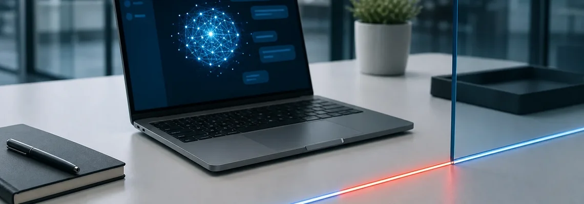 Laptop with an abstract AI interface behind a marked security boundary
