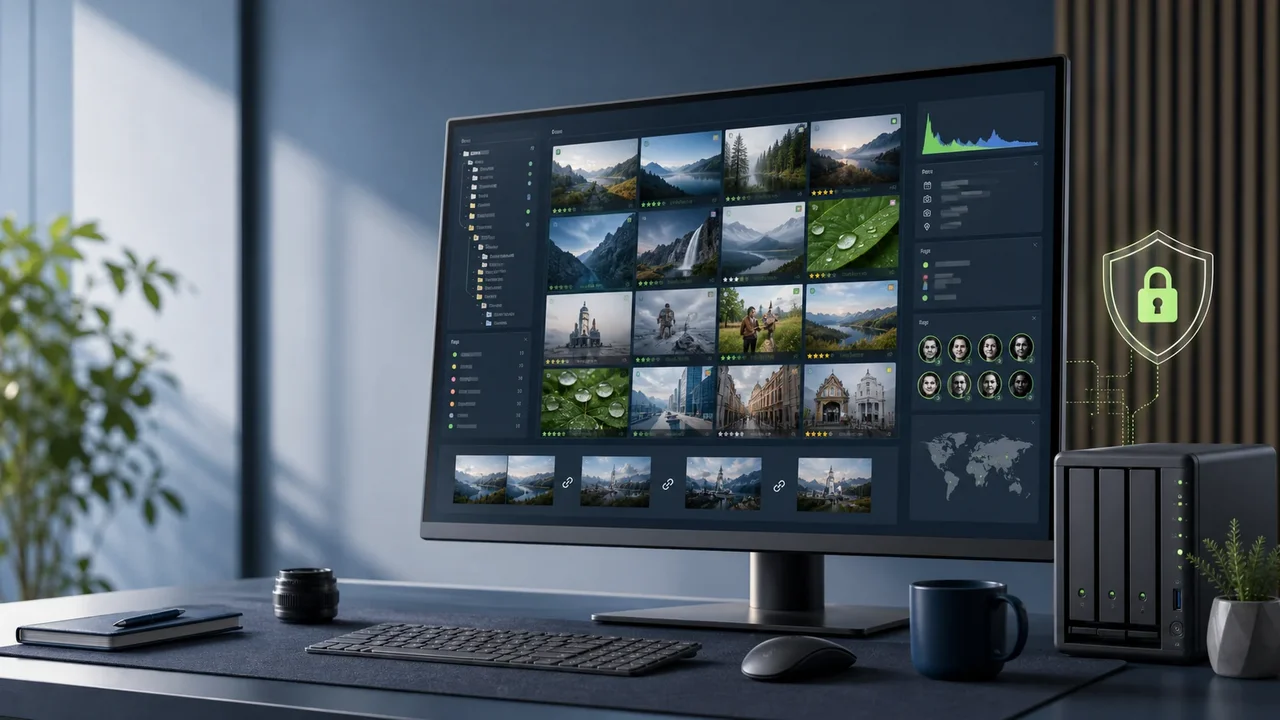 Local photo archive with metadata, ratings, facial recognition, and secure network storage