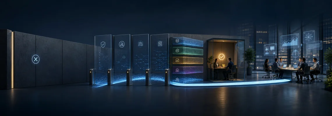 Governance gates lead from restricted AI access to controlled enterprise-wide use.