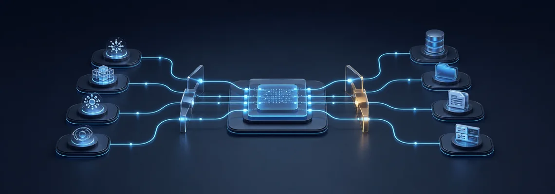 Networked AI agents access data, documents, and applications through controlled interfaces.