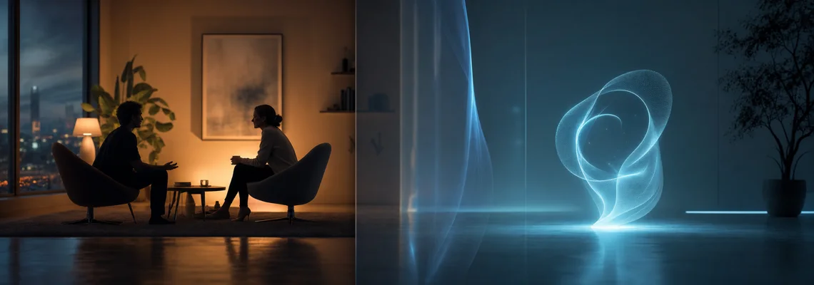 Human connection and an abstract digital AI companion stand in contrast to one another.