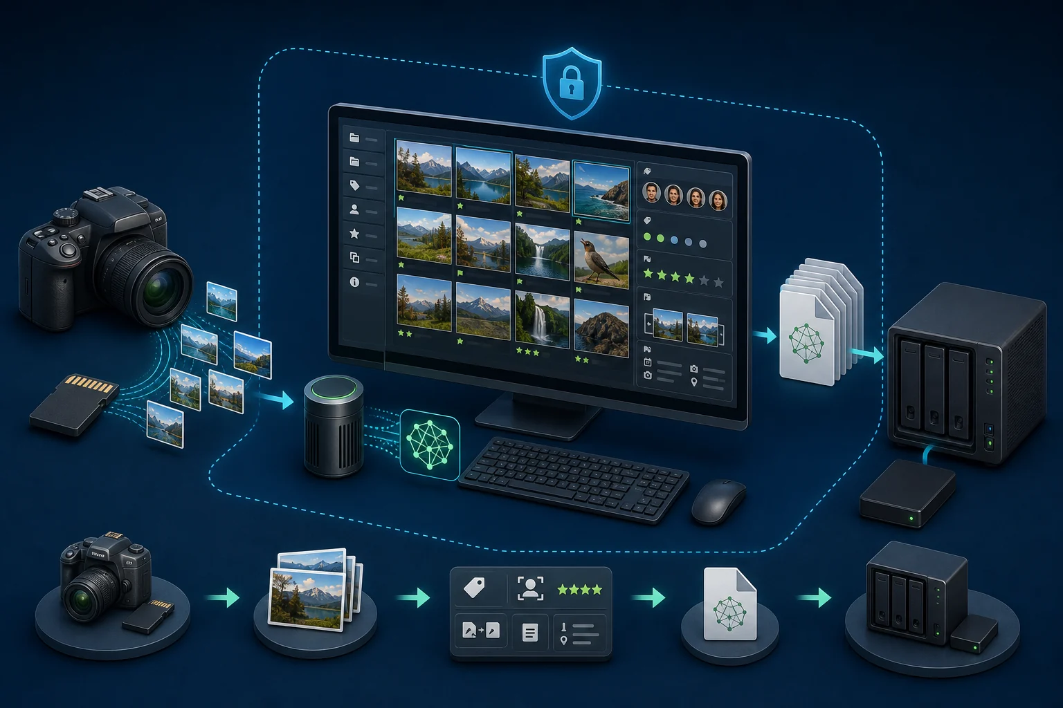 Local photo workflow—from camera and memory card through image analysis and metadata to a secure archive