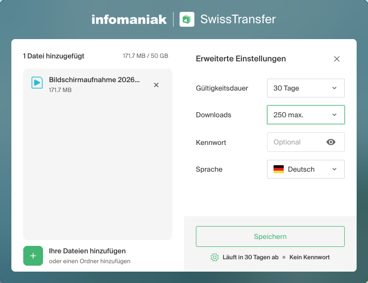 SwissTransfer's advanced settings, including validity period, maximum number of downloads, and optional password